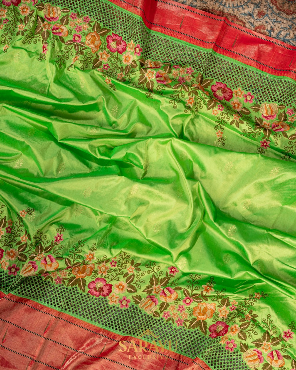 Parrot Green Cutwork Embrodered Triple Saree