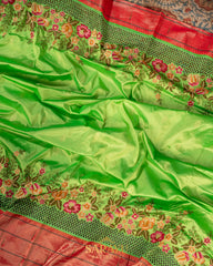 Parrot Green Cutwork Embrodered Triple Saree