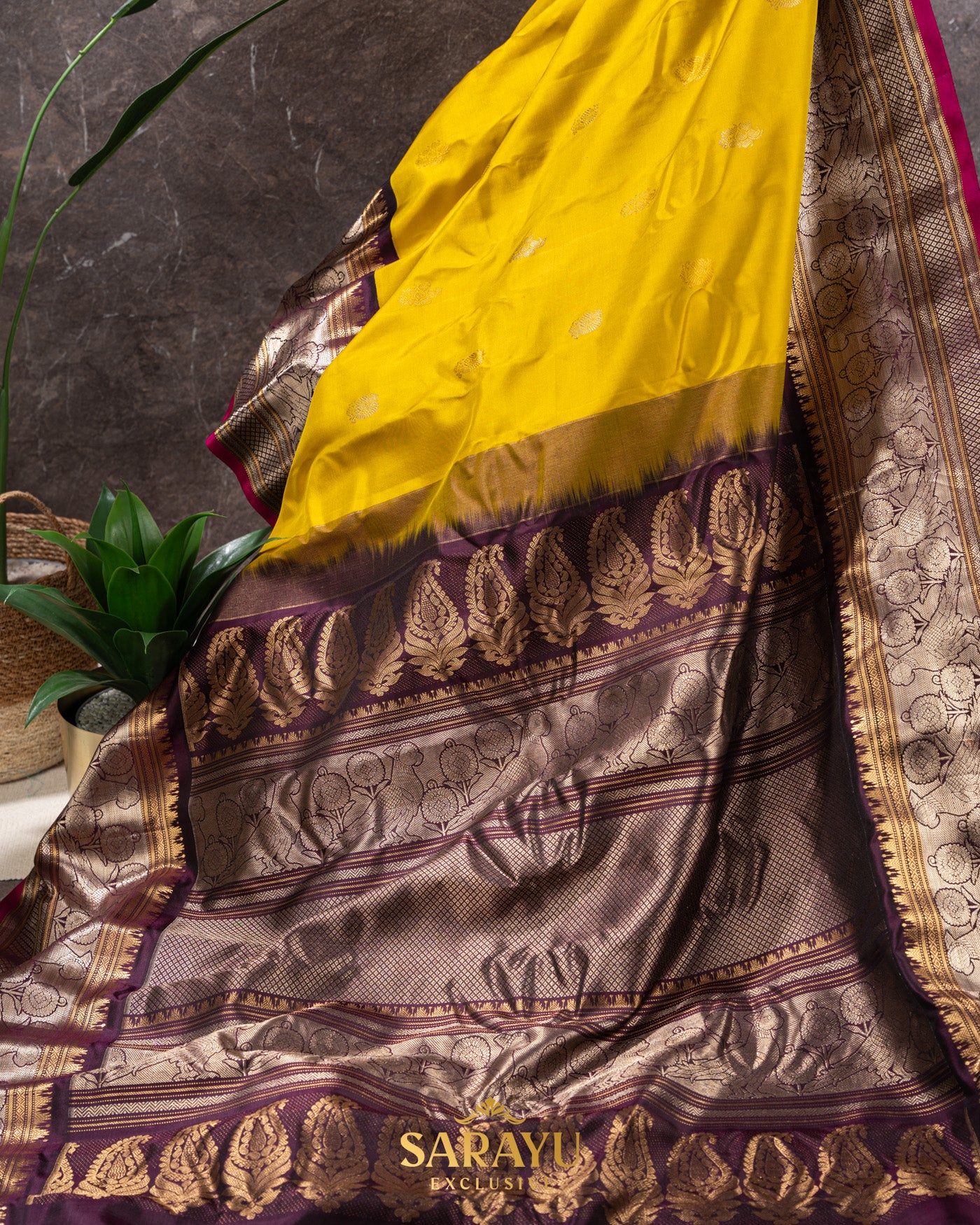 Musturd Yellow and Brown Pure Gadwal Silk