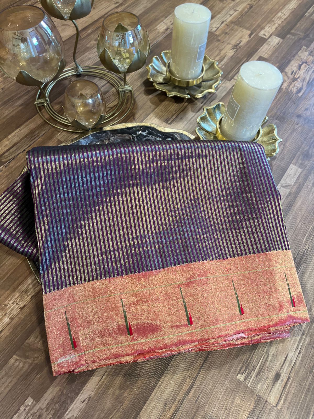 Wine Tissue Stripes Pure Silk Paithani