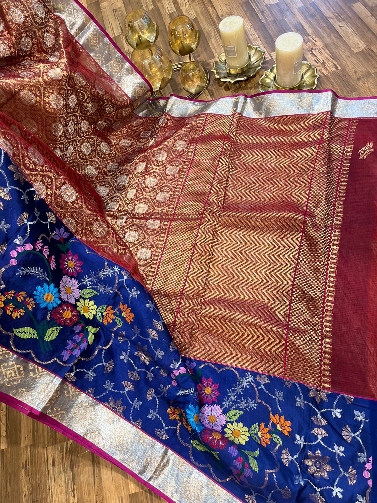 Brick and Royal Blue Pure Zari kota Jamawar