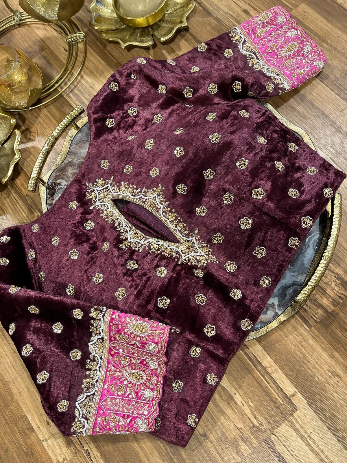 Wine and Pink Shade Velvet Designer Blouse