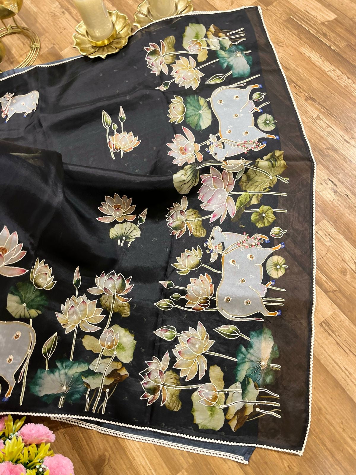 Black Designer Floral Print Pure Organza