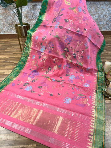 Peach and Green Tissue Paithani Style Border Ponduru Khadi Jamdhani