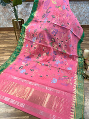 Peach and Green Tissue Paithani Style Border Ponduru Khadi Jamdhani