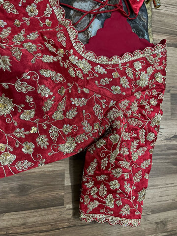 Red intricate All Over Silk Blouse