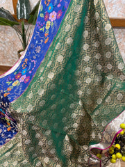 Green and Royal Blue Pure Zari kota Jamawar