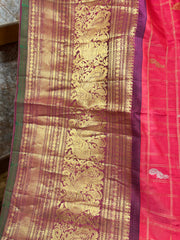 Coral peach and pinkish maroon toned allover Jari checks Gadwal saree