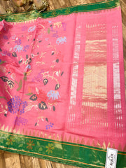 Peach and Green Tissue Paithani Style Border Ponduru Khadi Jamdhani