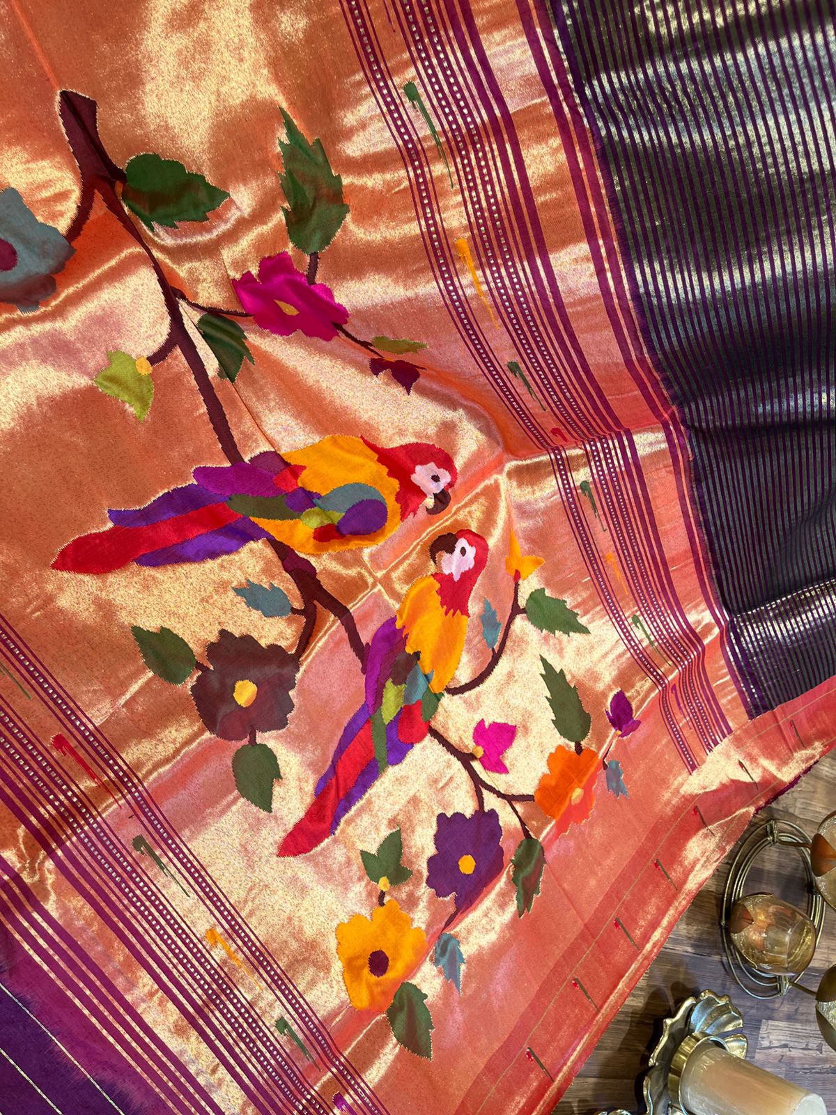 Wine Tissue Stripes Pure Silk Paithani