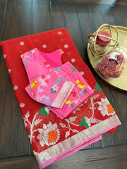 Red and Pink Beautiful Zari Kota