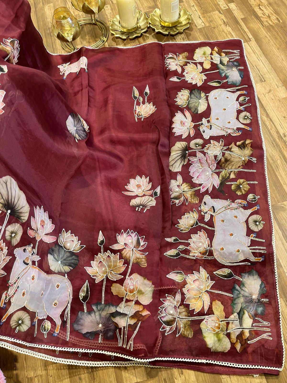 Maroon Designer Floral Print Pure Organza