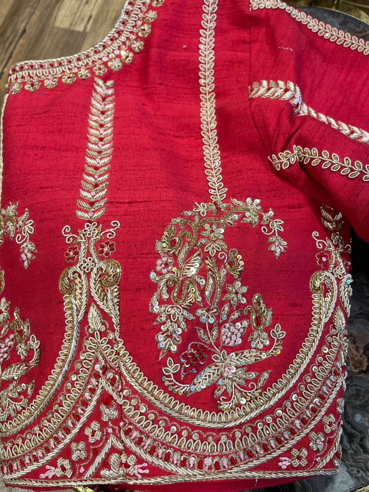 Red Pure Rawsilk All Over Handworked Blouse