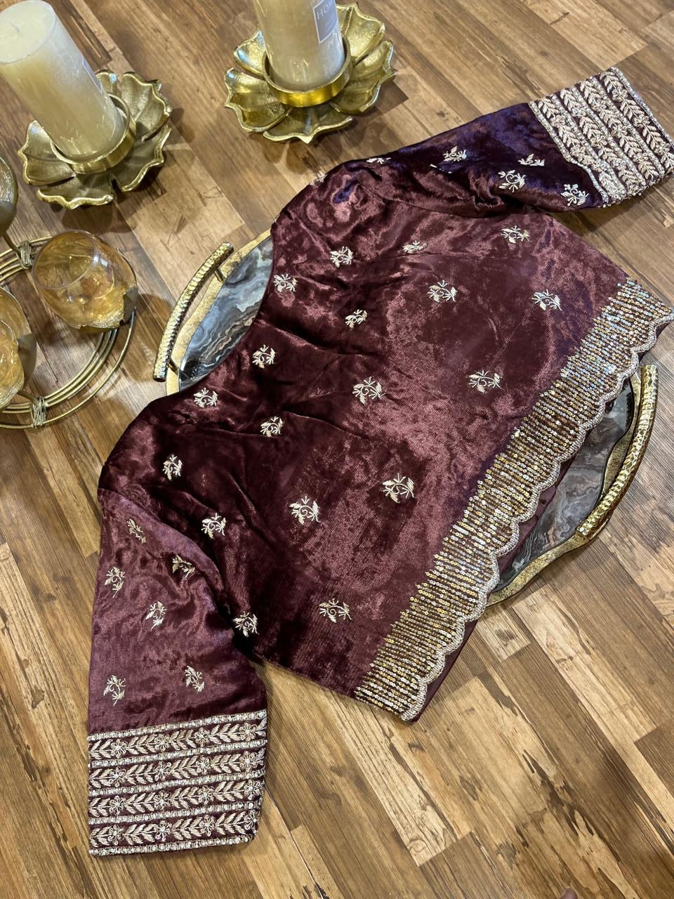 Chocolate Brown Velvet Handworked Blouse