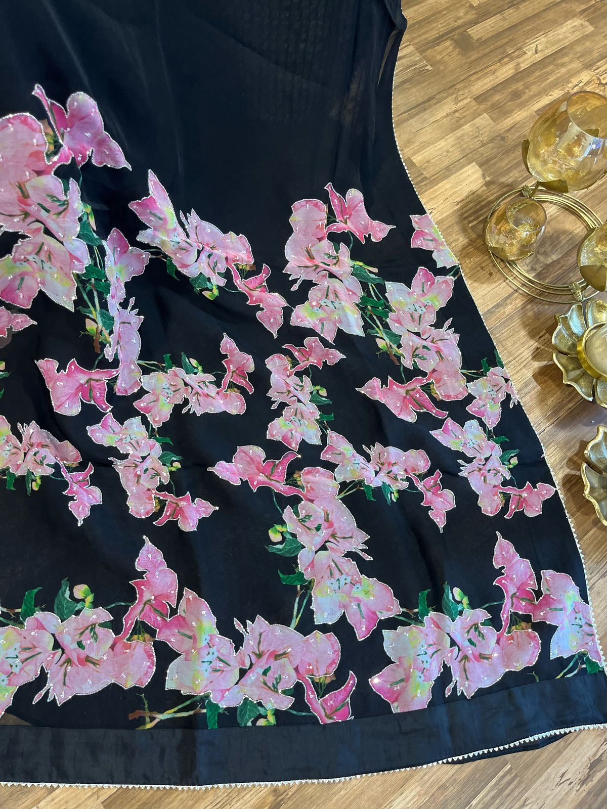 Black Designer Bougainvillea Digital Print On Pure Organza