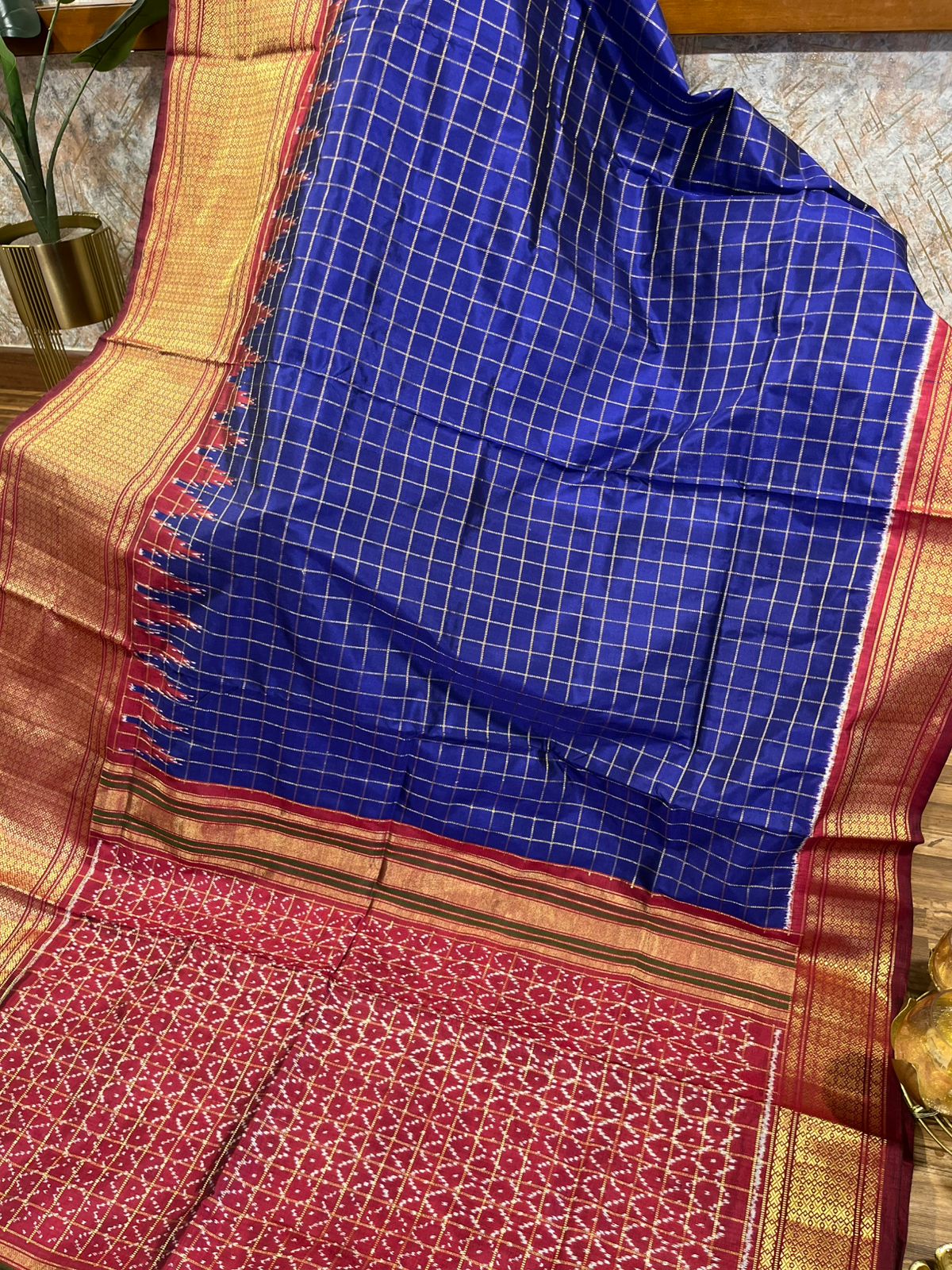 Blue Checkered Ikkat Pattu