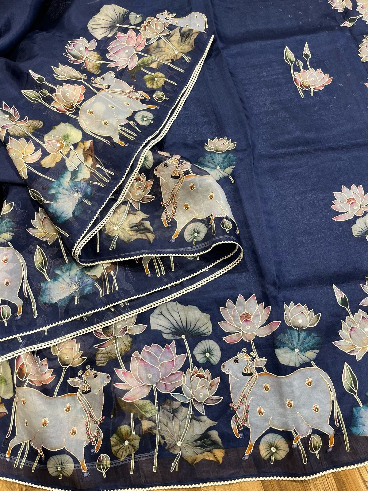 Royal Blue Designer Floral Print Pure Organza