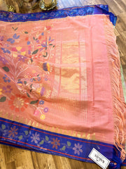 Peach and Blue Tissue Paithani Border