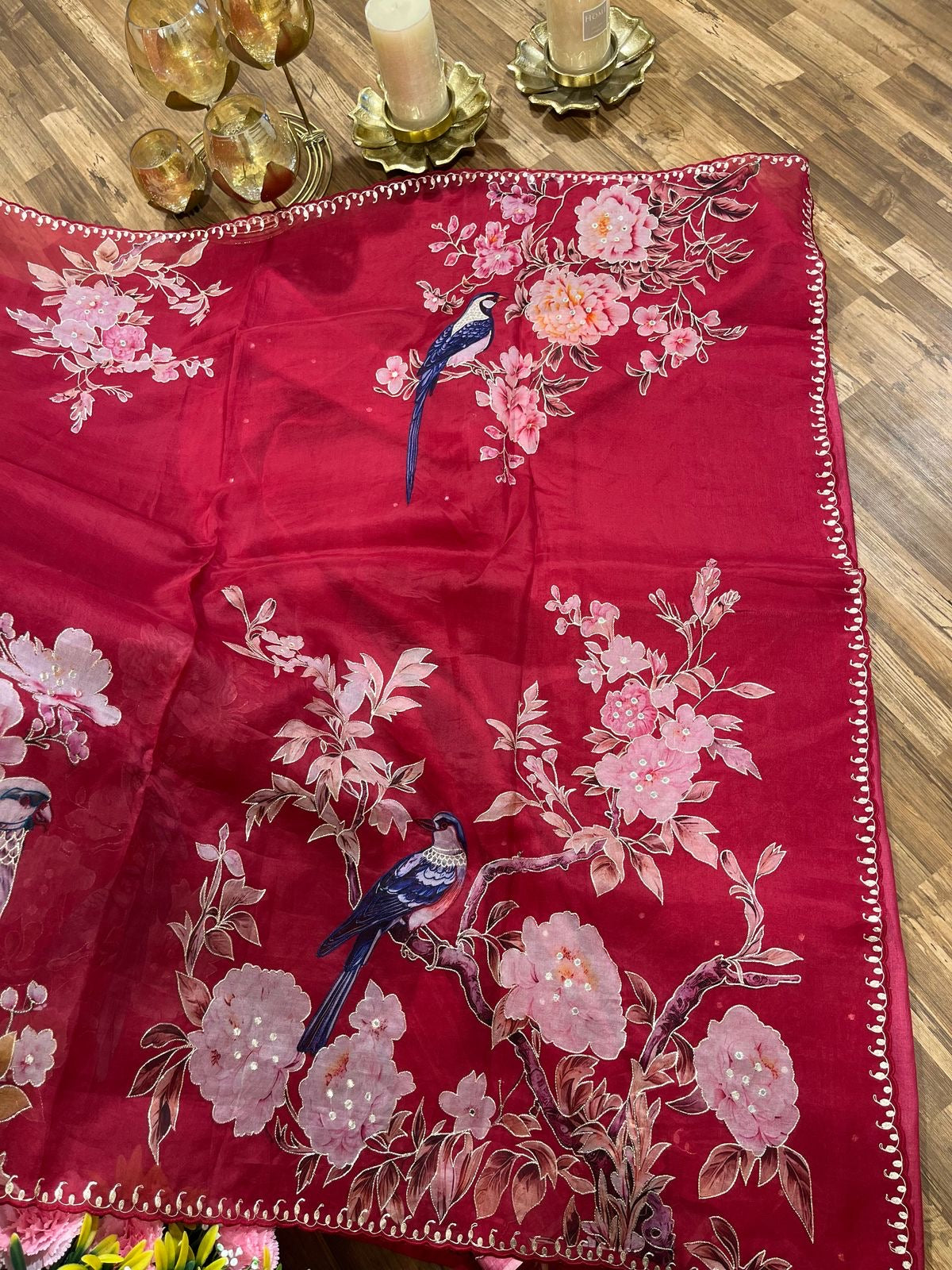 Red Designer Floral Print Organza