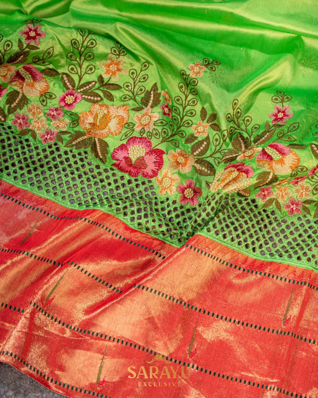 Parrot Green Cutwork Embrodered Triple Saree