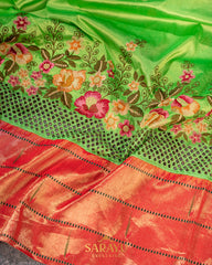 Parrot Green Cutwork Embrodered Triple Saree