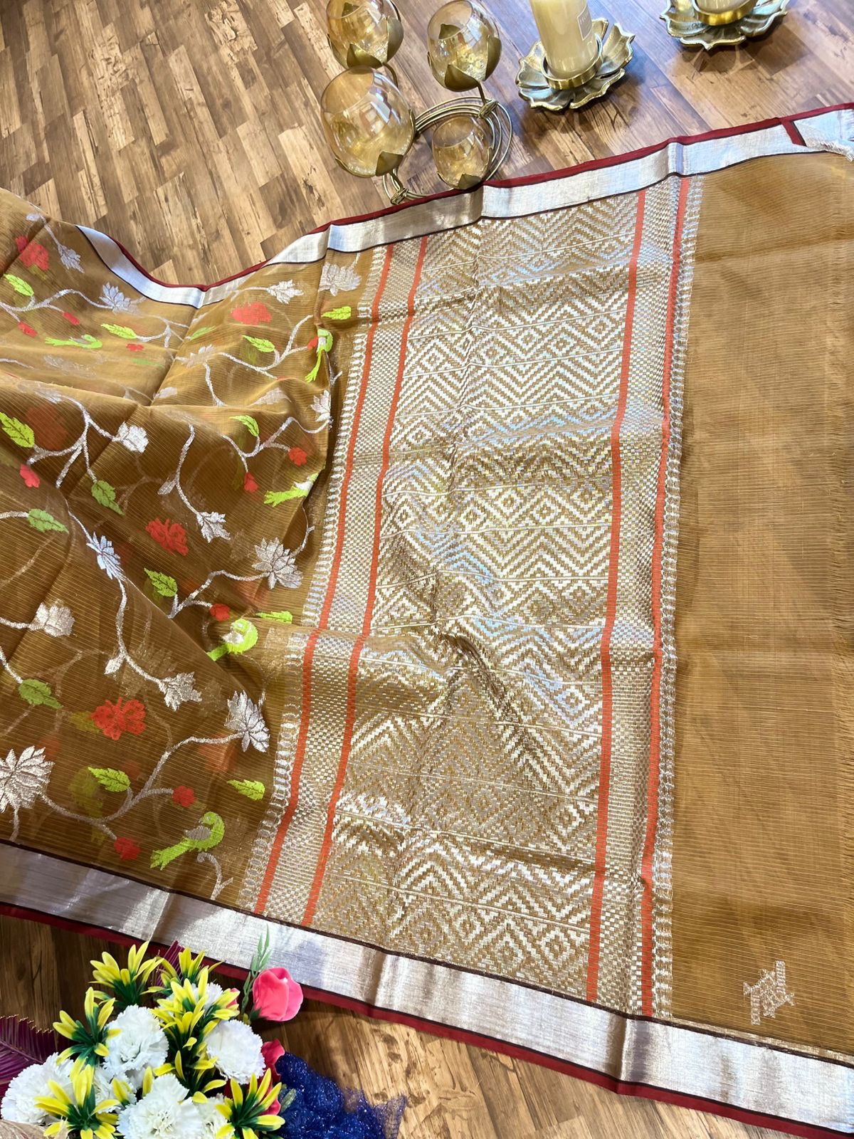 Designer All Over Jaal Pure Zari Kota Saree with Contrast Blouse