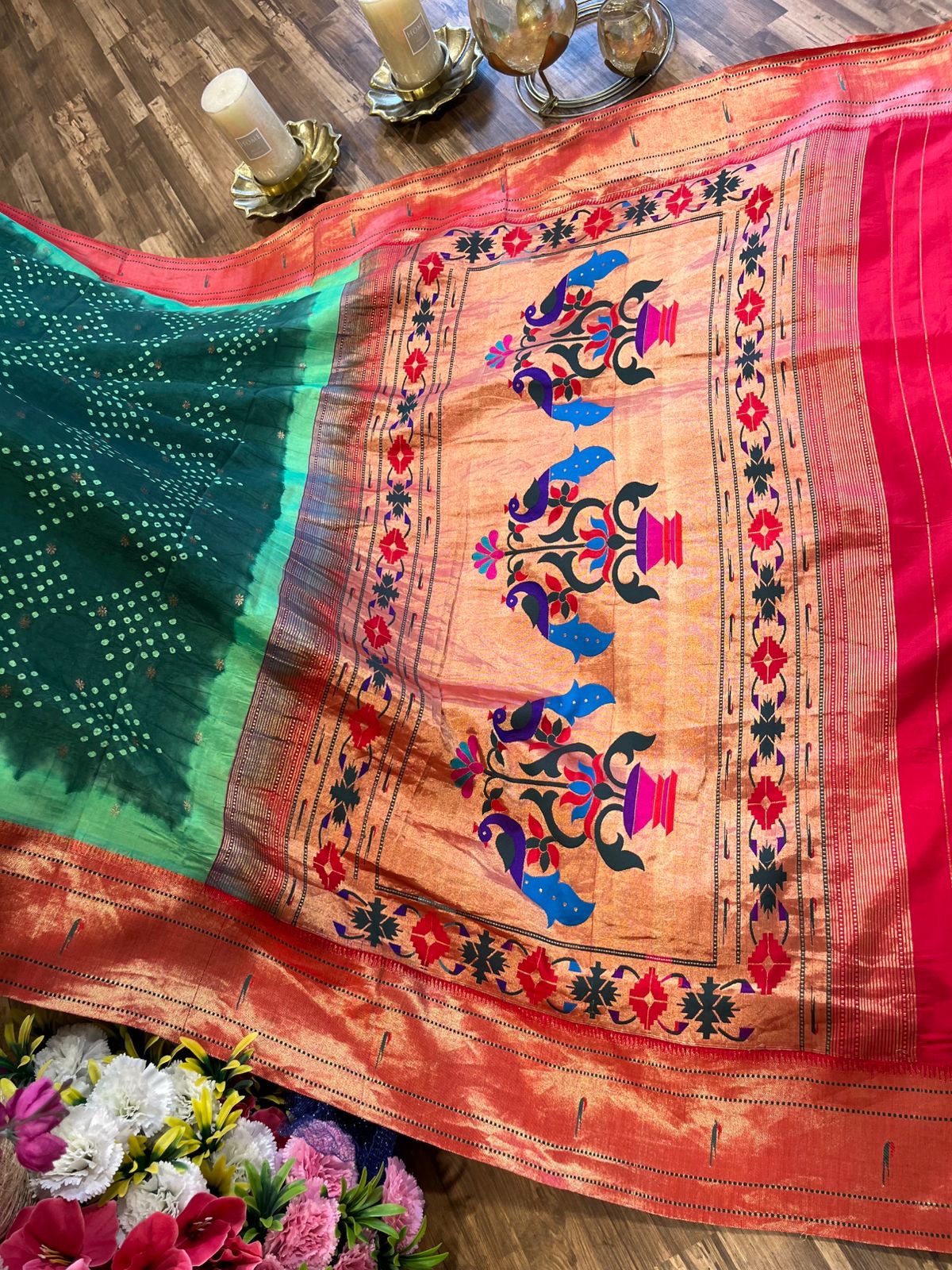 Green Pure Silk Paithani Bandhini