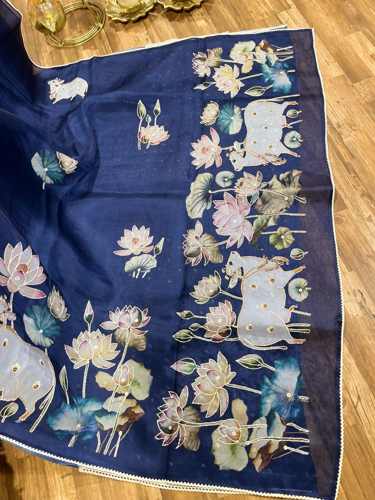 Royal Blue Designer Floral Print Pure Organza