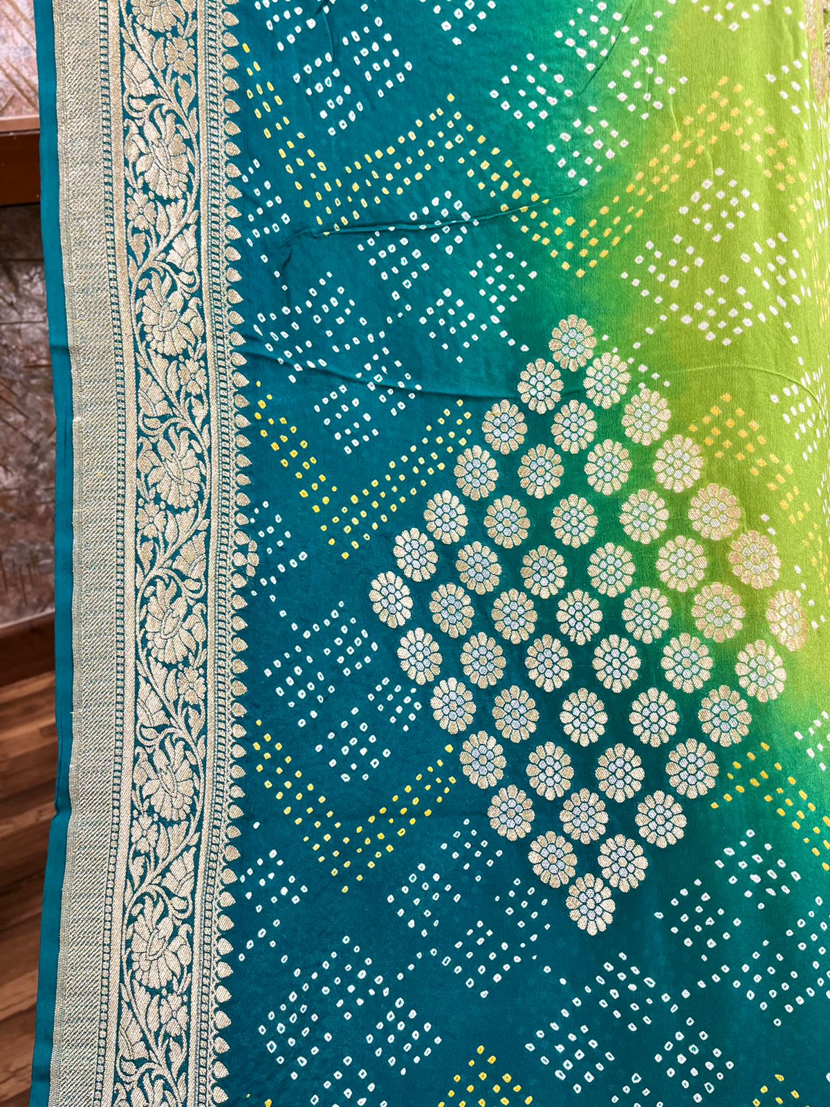 Parrot Green and Dark Green Pure Bandhini Georgette