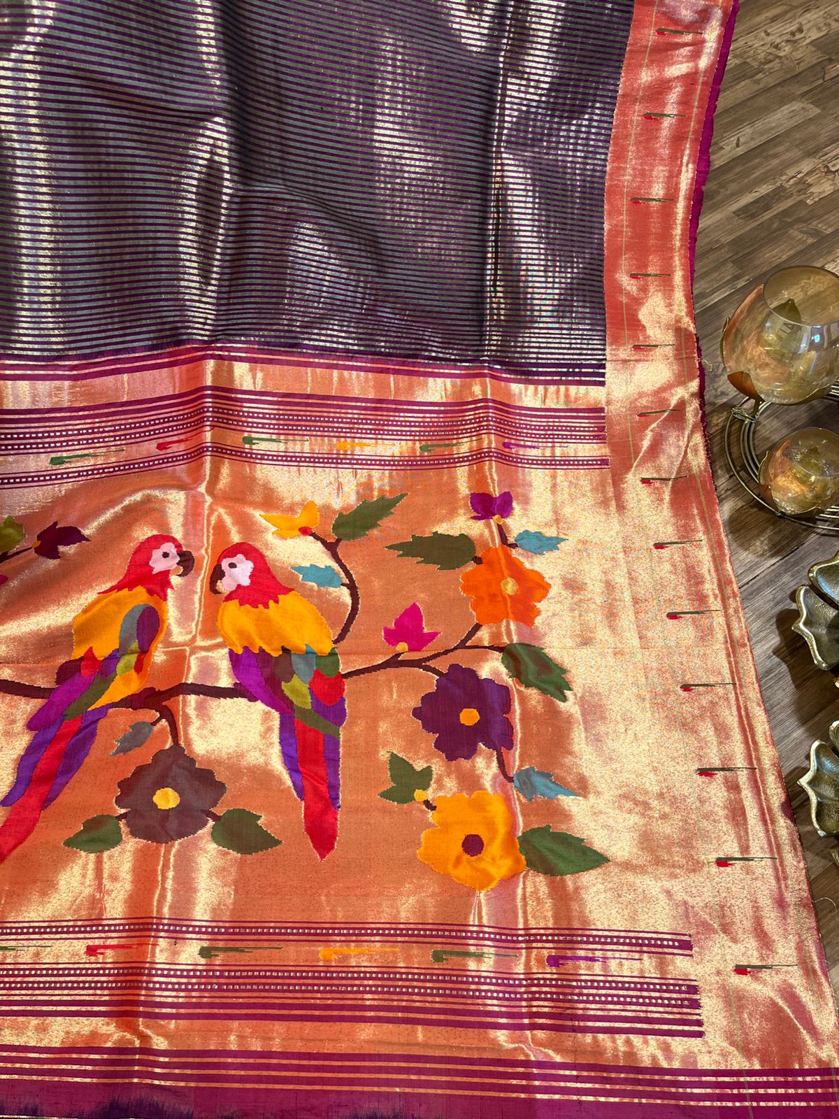 Wine Tissue Stripes Pure Silk Paithani