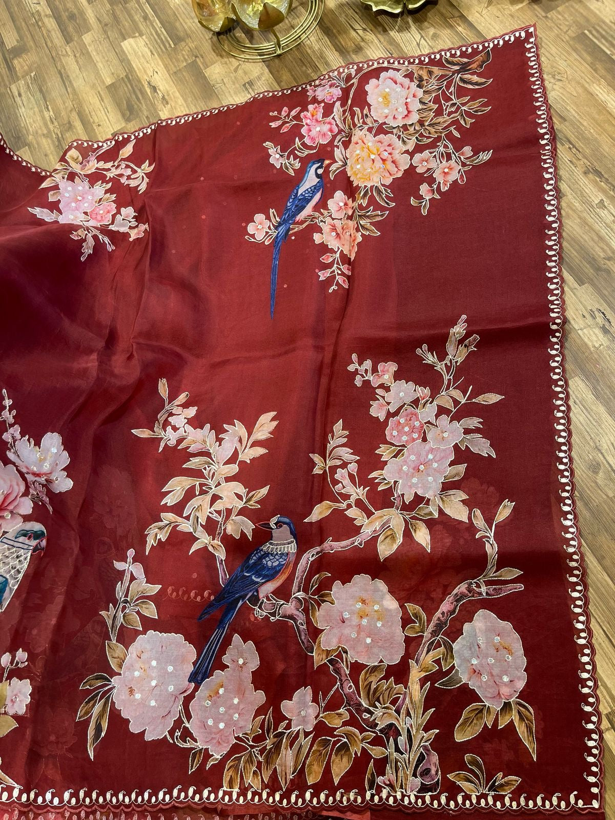 Maroon Designer Floral Print Organza