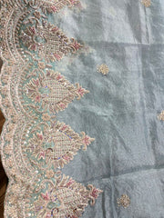 Powder Blue Handloom Handworked Organza Saree