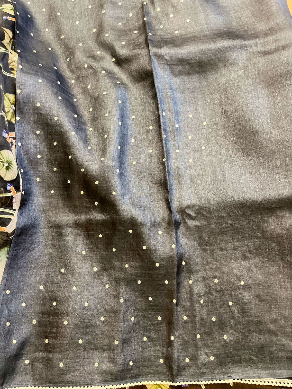 Black Designer Floral Print Pure Organza