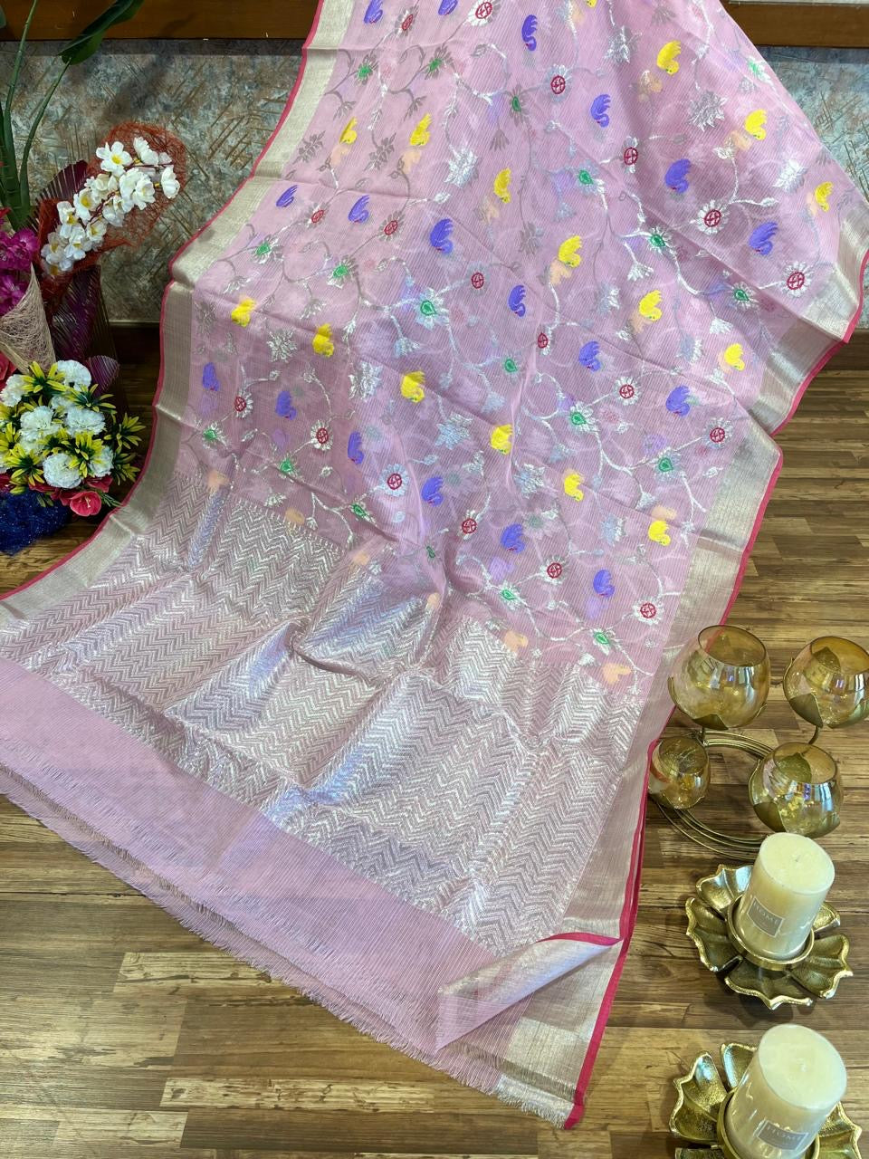 Designer All Over Jaal Pure Zari Kota Saree with Contrast Blouse