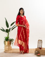 Red Pure Banarasi Kora Silk Straight Suit