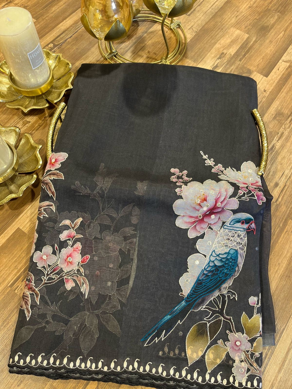 Black Designer Floral Print Organza