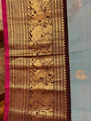 Sky blue and chocolate brown tone Gadwal saree