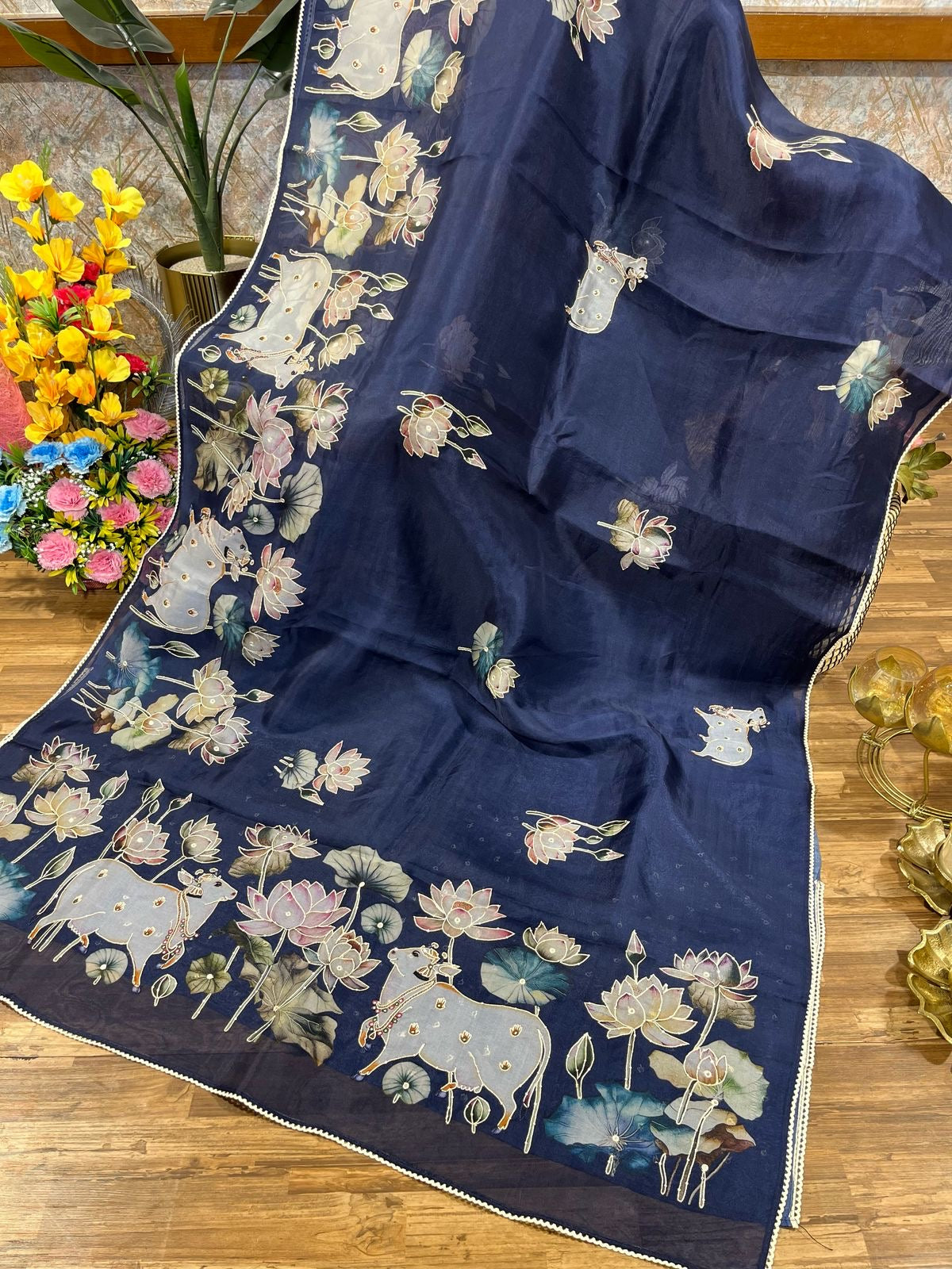 Royal Blue Designer Floral Print Pure Organza