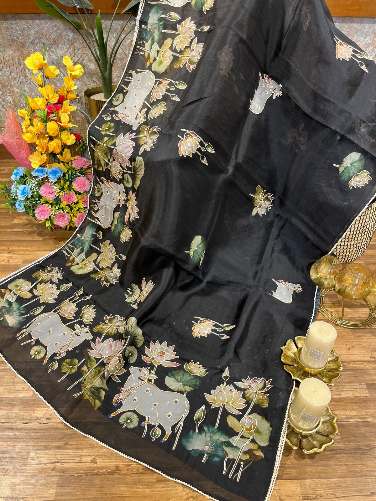 Black Designer Floral Print Pure Organza