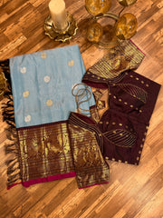 Sky blue and chocolate brown tone Gadwal saree