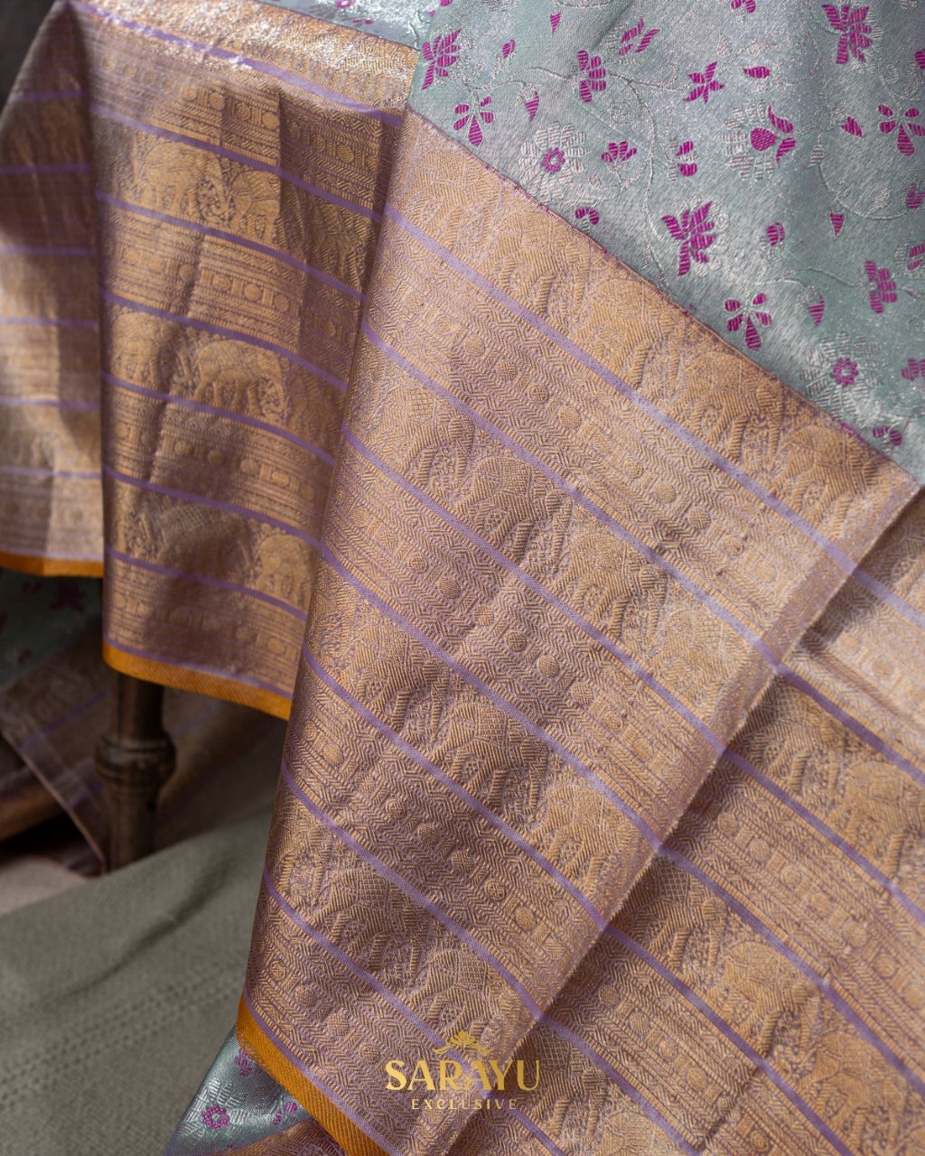 Soft powder blue and lavender brocade Kanchi pure silk