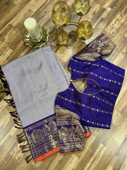 Grey and Deep Navy toned allover  Gadwal brocade saree