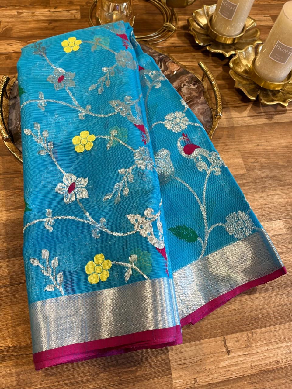 Designer All Over Jaal Pure Zari Kota Saree with Contrast Blouse