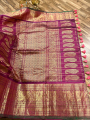 Coral peach and pinkish maroon toned allover Jari checks Gadwal saree