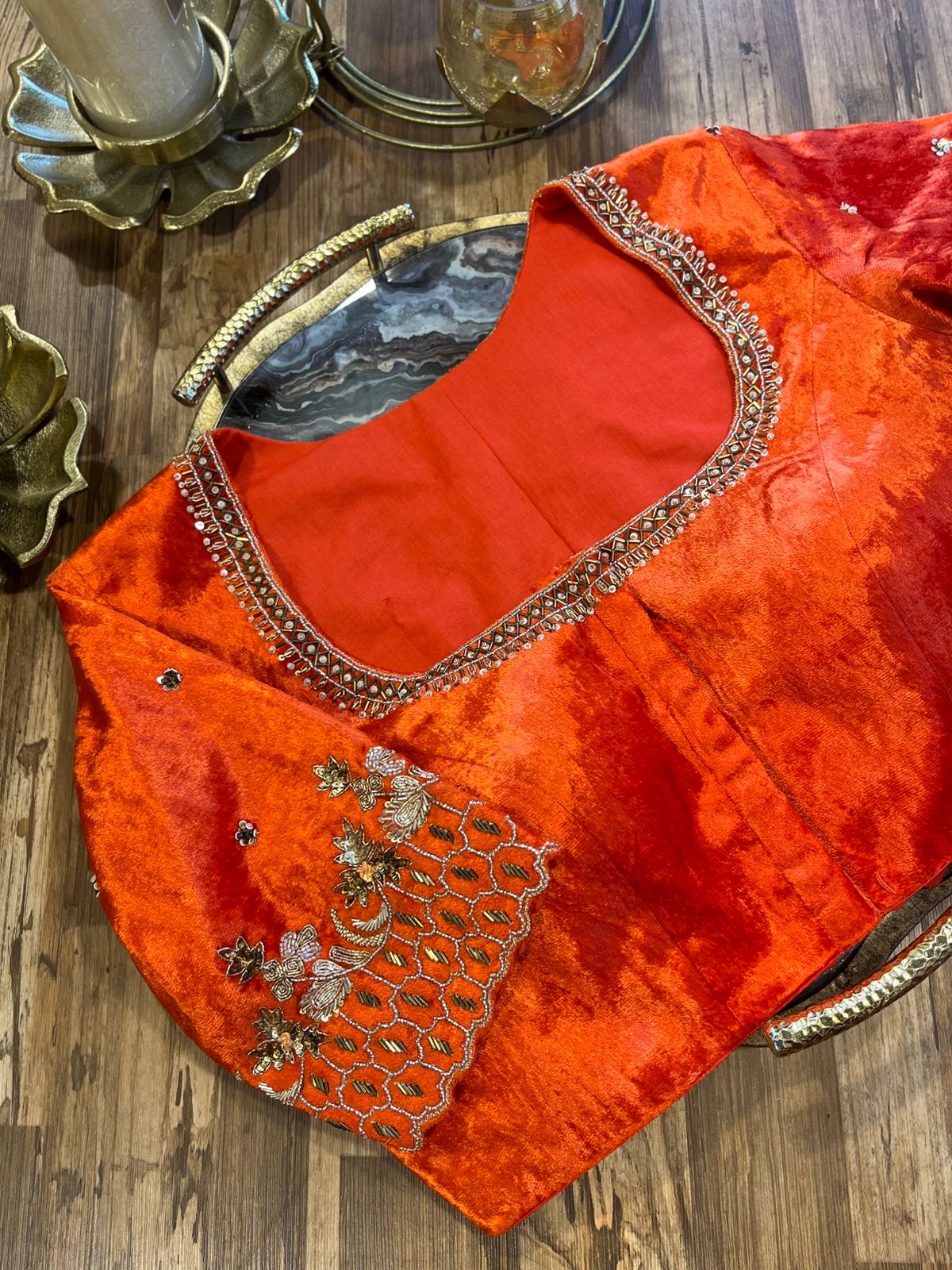 Orange Shade Velvet Designer Blouse