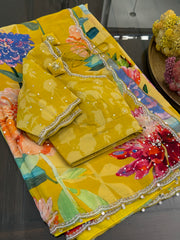 Yellow Crape Silk Saree