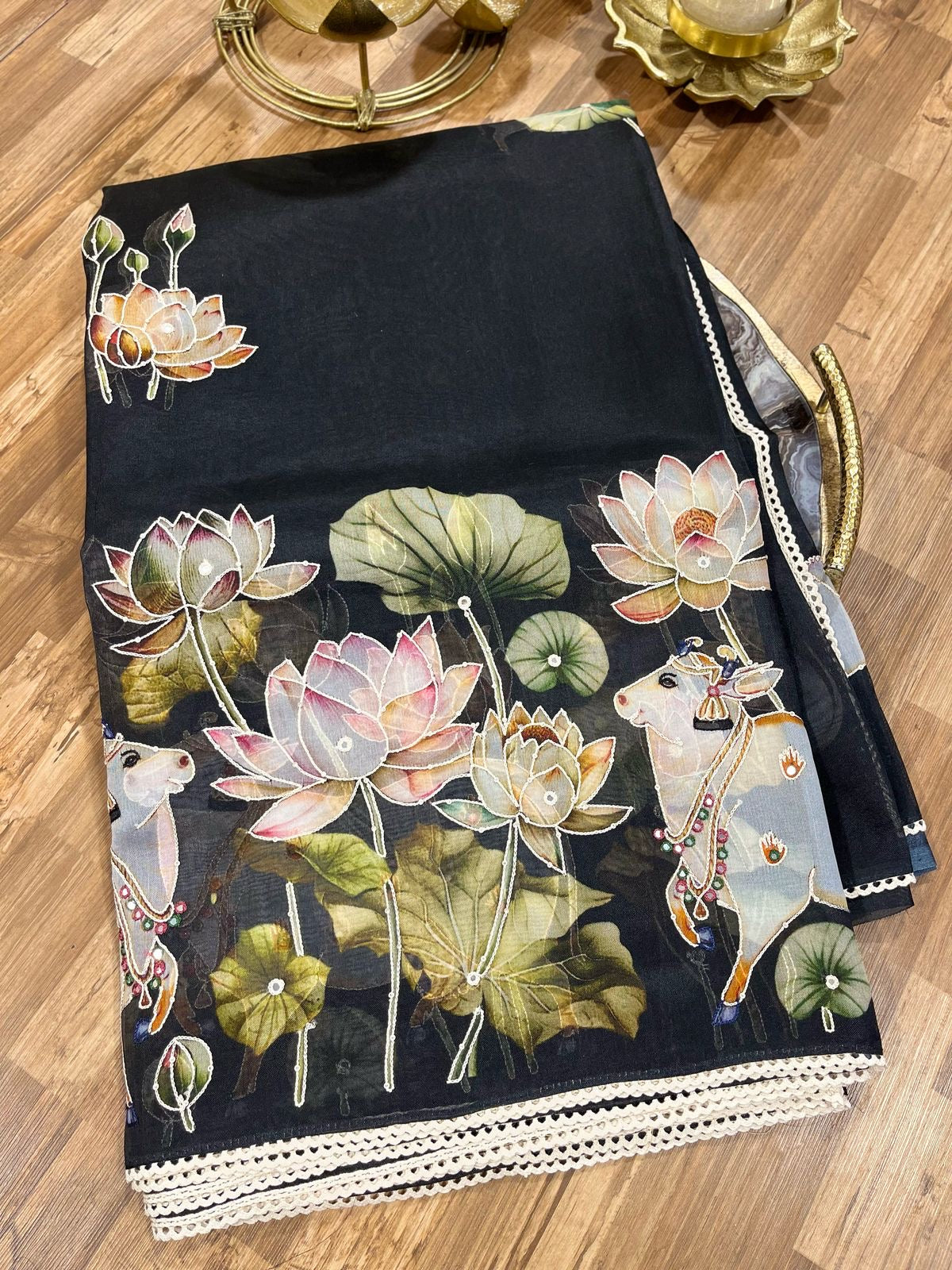 Black Designer Floral Print Pure Organza