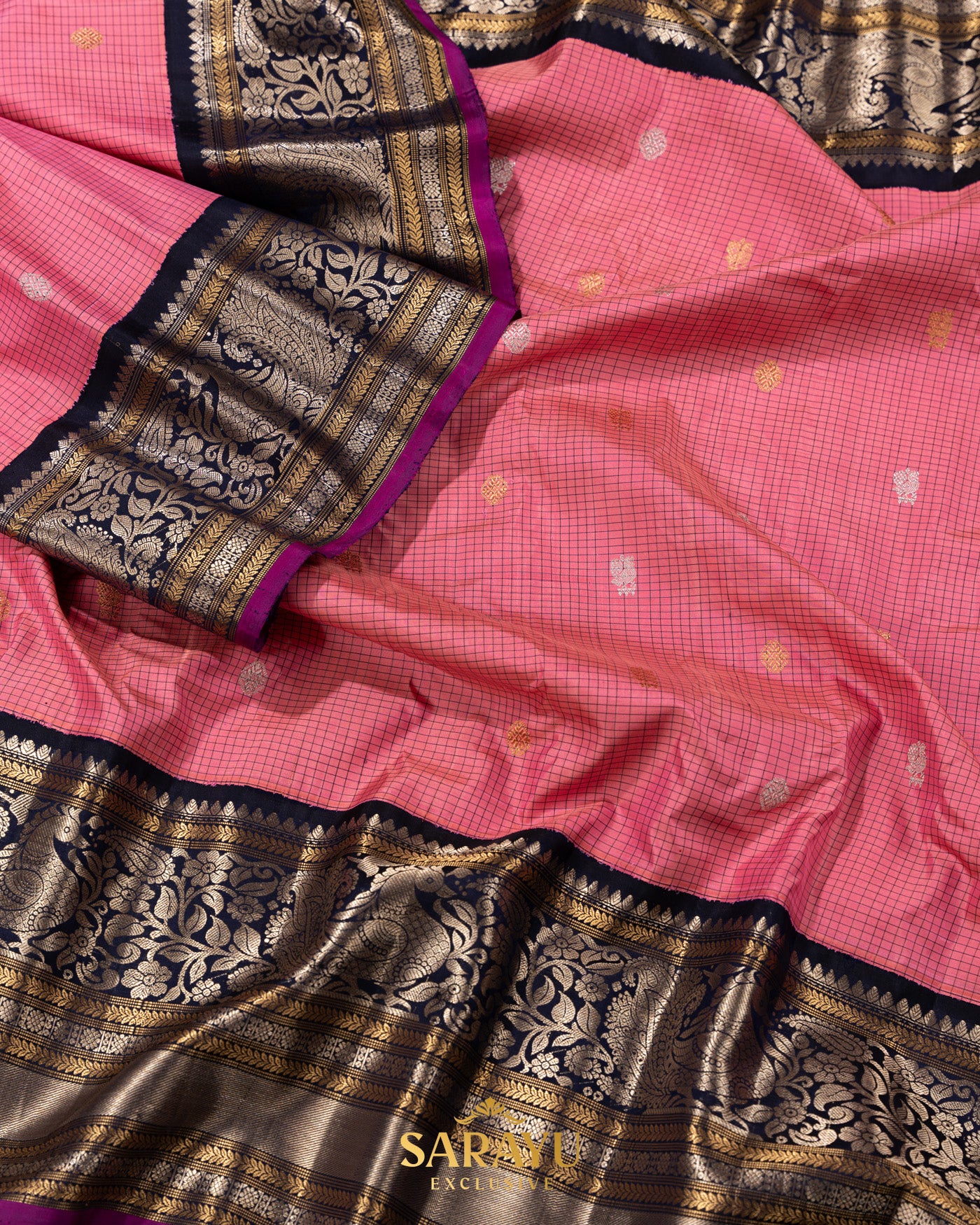 Pink and Navy Pure Gadwal Silk