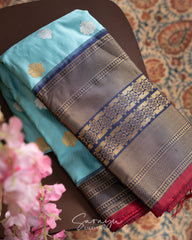 Beautiful Ice Blue and Navy Pure Twill Kanchi
