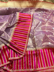 Lavender /Mauve Mix and Red Kora Tissue Banarasi